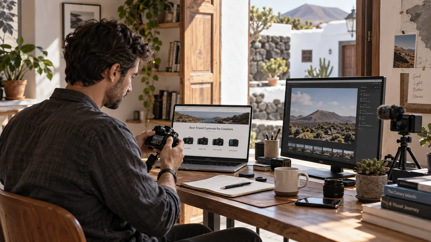 Postazione di lavoro in una casa alle Canarie: fotocamera, monitor per il montaggio e attrezzatura usata per produrre i contenuti