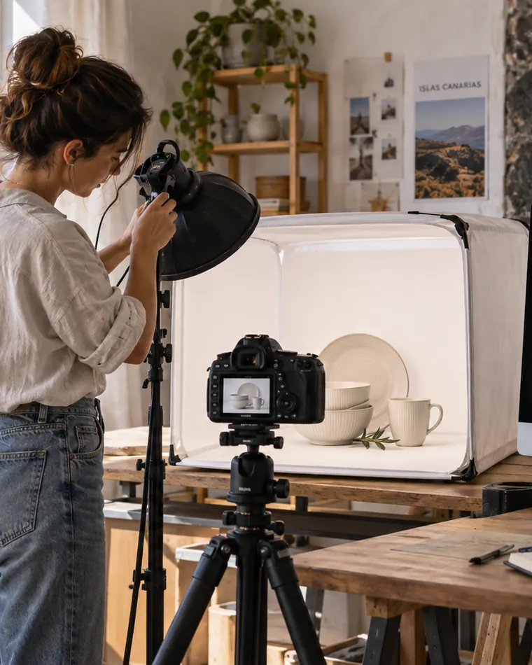 Una persona fotografa un servizio di ciotole in ceramica dentro un softbox, in uno spazio di lavoro alle Canarie
