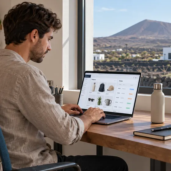 Postazione di lavoro con il catalogo di un negozio online aperto sul portatile