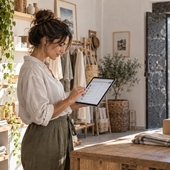 La vetrina di un negozio online aperta su un tablet accanto ai prodotti veri