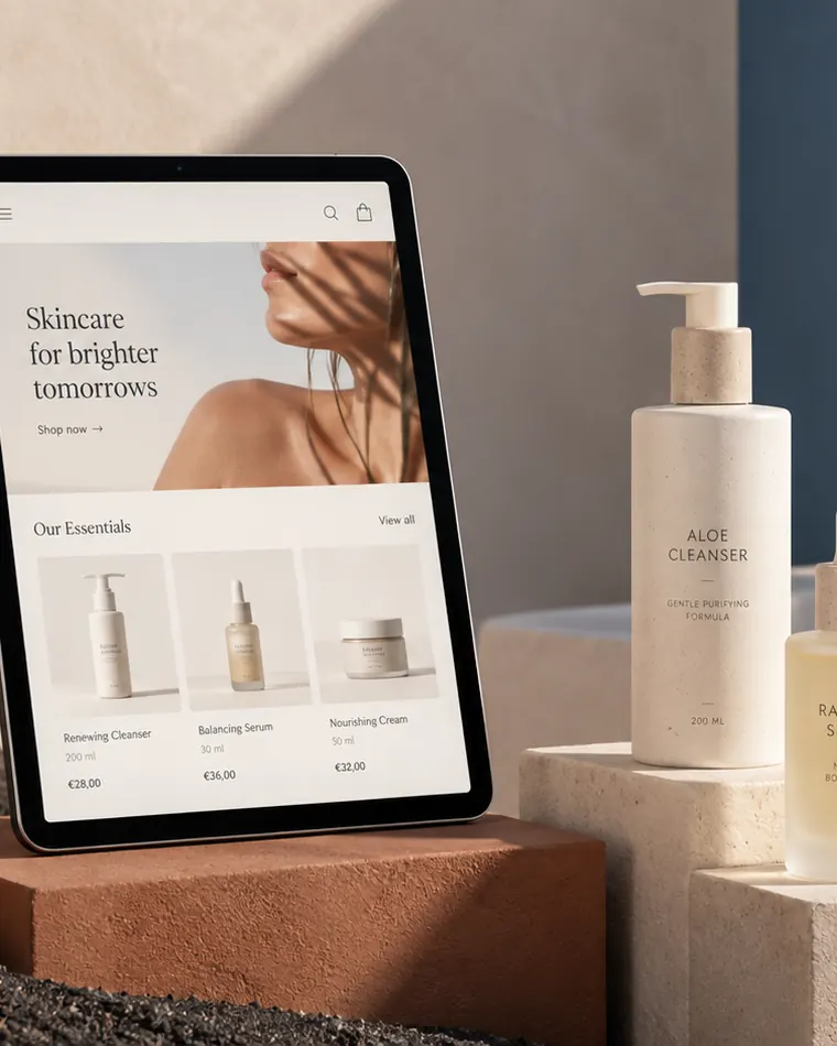 Un tablet appoggiato su un blocco di pietra mostra la vetrina di un negozio online con tre prodotti a prezzo esposto; accanto, gli stessi prodotti su podi di pietra, con il mare sullo sfondo