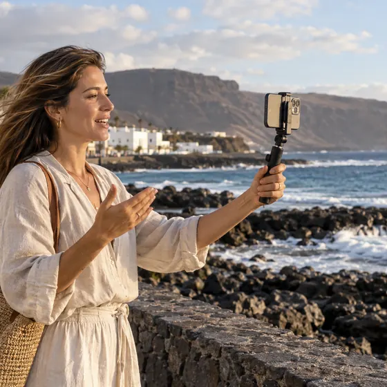 Una creatrice di contenuti riprende un video sul lungomare di un'isola canaria