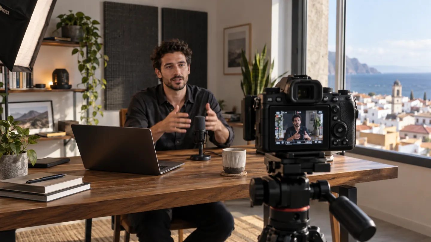 Un creator registra un video da uno studio domestico affacciato sulla costa, con fotocamera su treppiede, microfono e luci