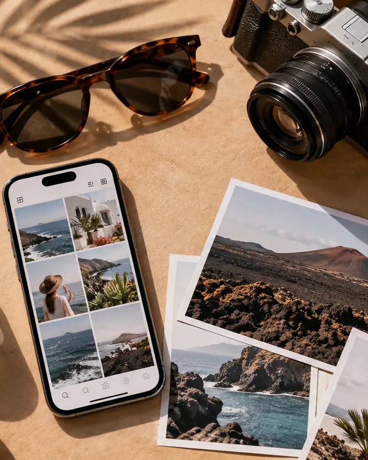 Occhiali da sole, una fotocamera e alcune stampe fotografiche accanto a un telefono che mostra una griglia di immagini di viaggio, su una pietra chiara all'ombra di una palma