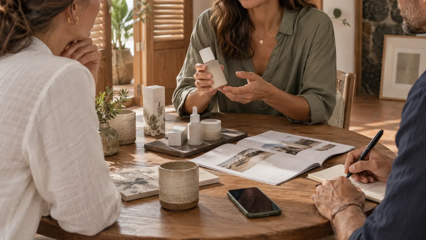 Una persona mostra un flacone di cosmetici sopra un tavolo di legno, fra le confezioni dei prodotti, un catalogo aperto e un blocco per appunti