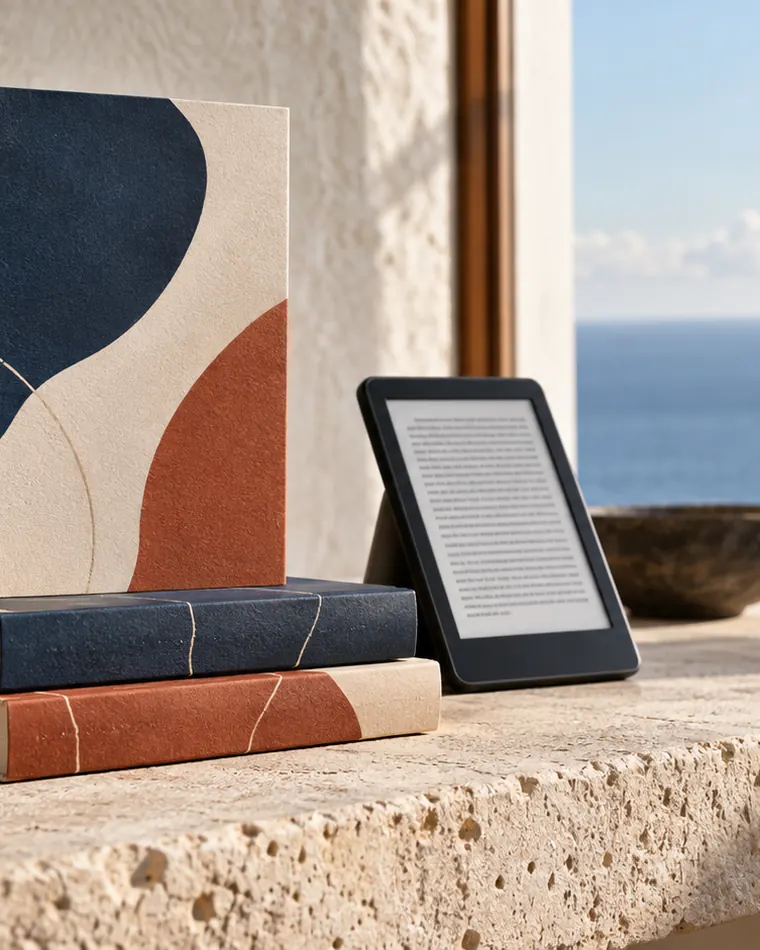 Tre libri stampati, due impilati e uno in piedi con la copertina astratta, accanto a un lettore di ebook su un davanzale di pietra, con l'oceano e una falesia sullo sfondo