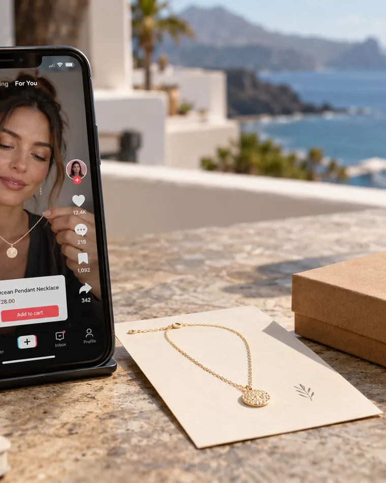Un telefono mostra un video con la scheda di un prodotto e il pulsante di acquisto; sul tavolo, l'articolo e la sua confezione. Immagine di scena.