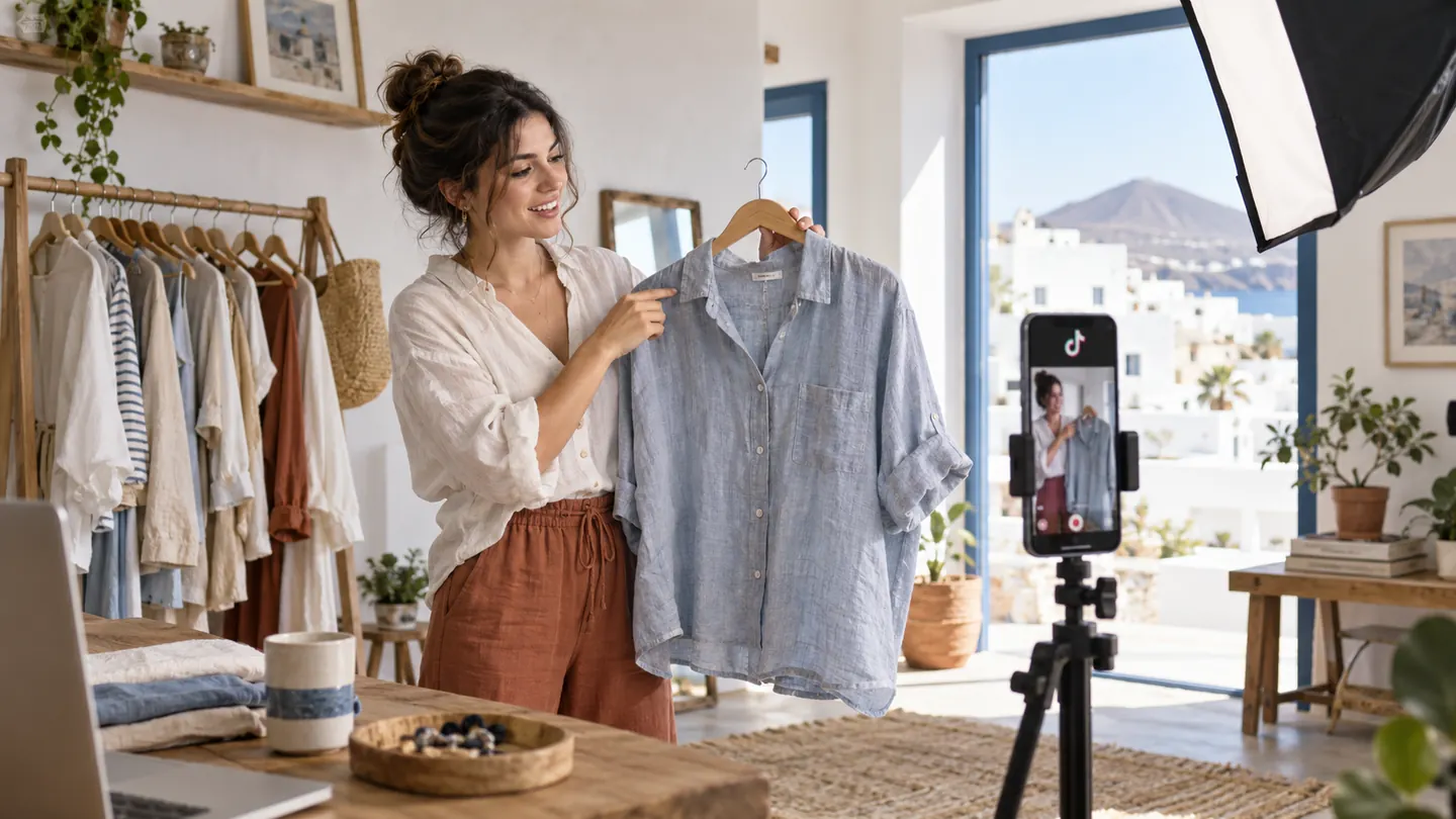 Una commerciante riprende un capo d'abbigliamento nel proprio negozio, con lo stock alle spalle. Immagine di scena.